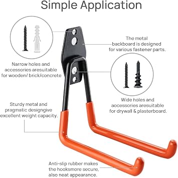 10Pcs Heavy Duty Garage Hooks and 4Pcs Storage Straps, Utility Double Hooks Shed Garage Storage Hooks, 5 Sizes Wall Mounted Garage Hangers for Hanging Ladder Bike Garden Tool Hose