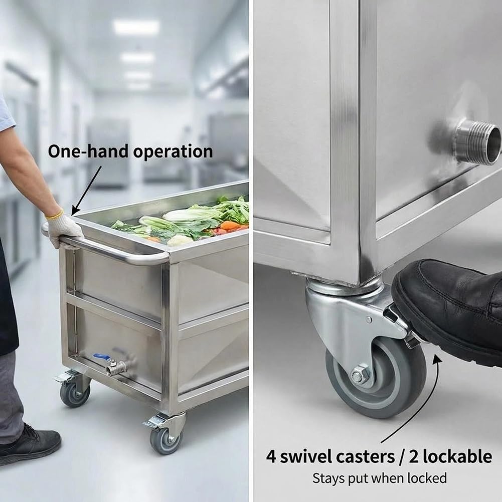 Carrello multiuso in acciaio inossidabile resistente con ruote, carrello commerciale mobile per serbatoio dell'acqua per la preparazione degli alimenti e uso della cucina del ristorante