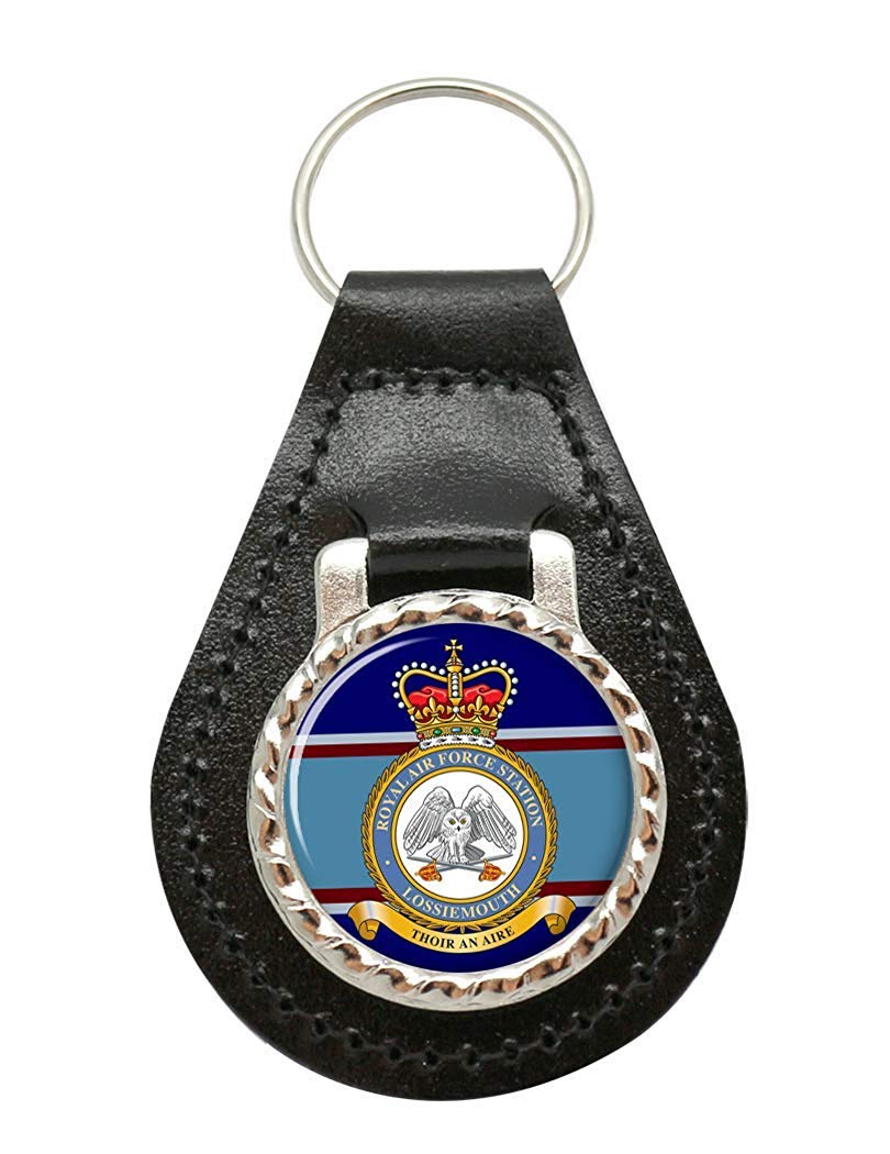 Giftshop Uk Unisex Black Leather And Silver Metal Raf Station Lossiemouth Leather Key Fob