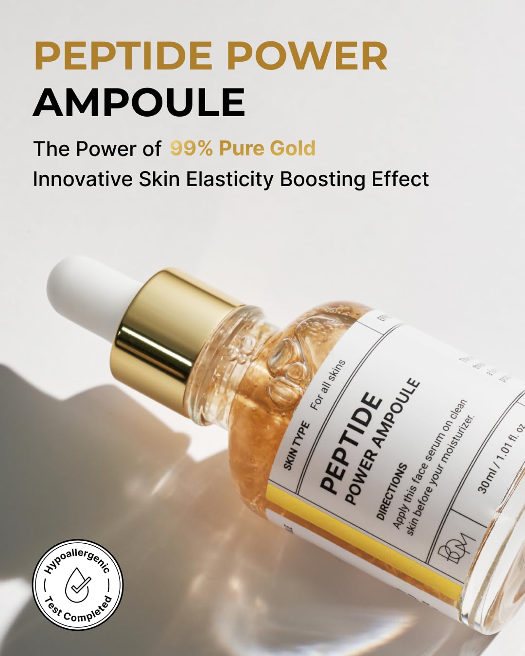 BOM COSMETICS Peptide Power Ampoule 1.01 Fl Oz, Penta-Peptide with 24k Gold Thread and 99% Pure Gold for Skin Collagen Boost, Firming Serum to Improve Elasticity and Radiance, Korean Skin Care - Image 2