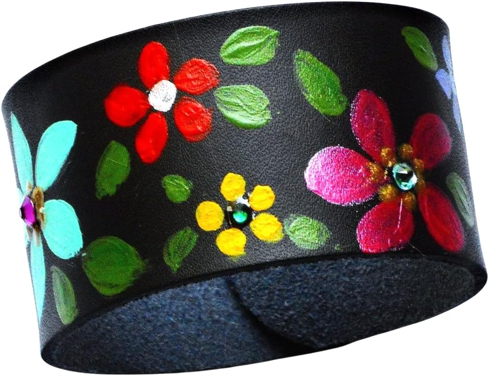 Adjustable Wide Boho Black Leather Cuff Bracelet with Artist Hand Painted Colorful Flowers and Sparkling Crystal Rhinestones Cute Bohemian Jewelry