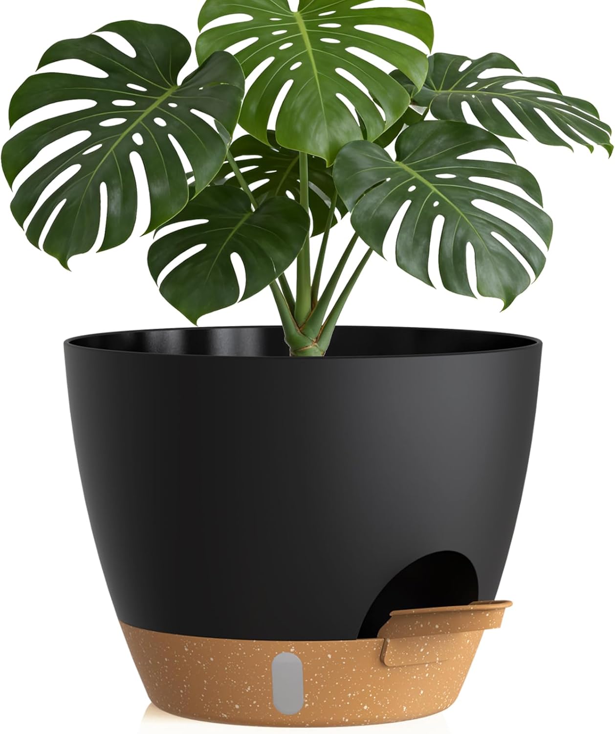 Plant Pots, 1 Pack 12 Inch Self Watering Pots with Drainage Holes, Water Level Indicator Deep Reservoir, Large Planters for Indoor Outdoor Plants - Black Brown