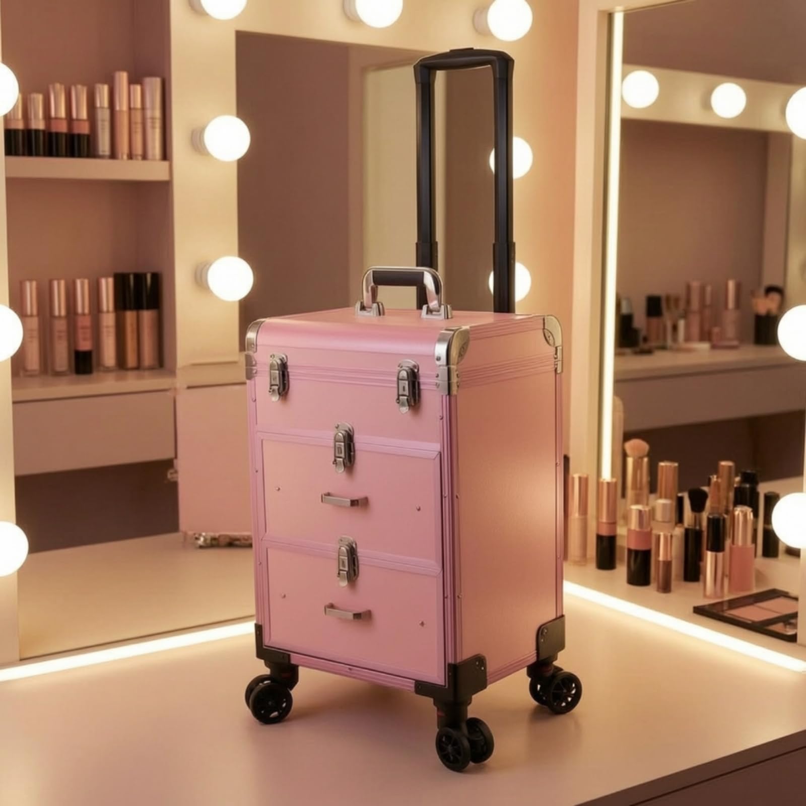 harayaa Maquilleur Étui Valise Trolley Coffret Mallette avec Coque de et Métal Poignée Télescopique et roulettes Douces Rangements Compartimentés et, Rose, Rose