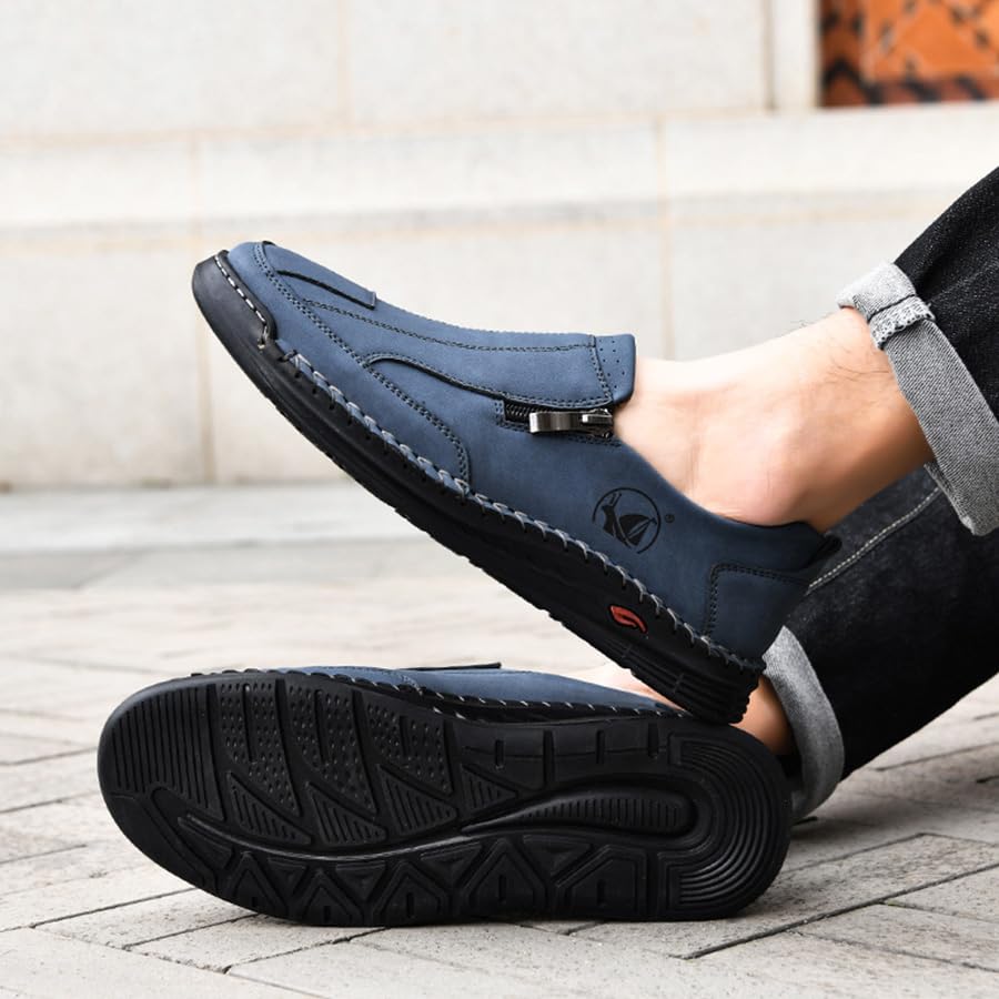 Men's Casual Slip On Leather Loafers Lightweight Hand-Sewn Moccasin Driving Shoes Comfortable Walking Side Zipper Non-Slip Dress Shoes4