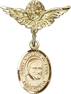 14kt Yellow Gold Baby Badge with St. Vincent de Paul Charm and Angel w/Wings Badge Pin 1 X 3/4 inches