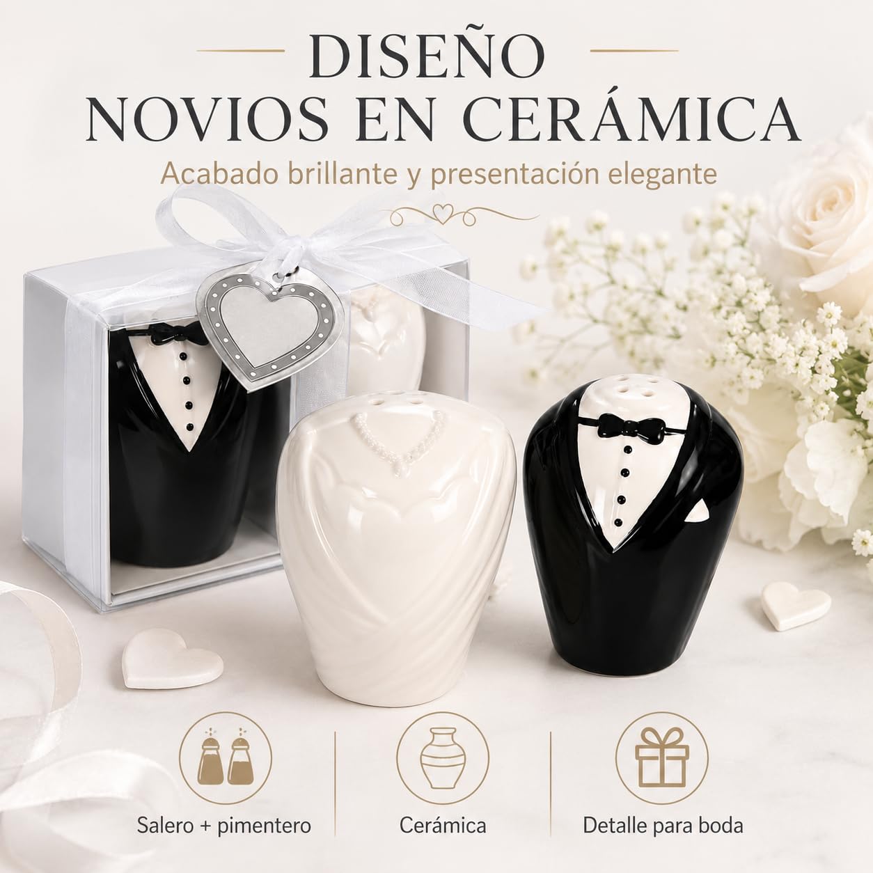 Detalles para Boda Invitados, Salero y Pimentero Novios Cerámica, 25uds | Detalle práctico para invitados de boda, ideal para repartir en ceremonias, banquetes o eventos de verano.