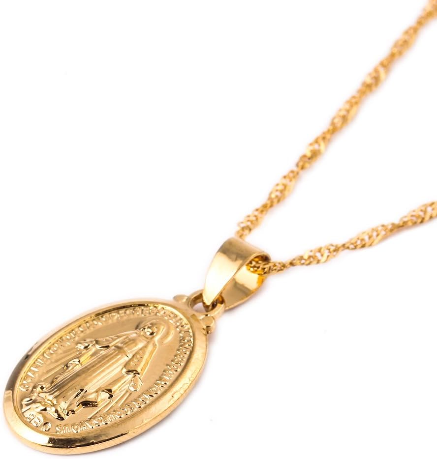 24K Plated Catholic Christian Mother Cameo Design Virgin Mary Pendant Necklace