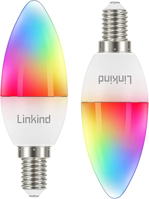 Linkind E14 LED WiFi Smart Candle Light Bulb, 5.5W Colour Changing RGB Warm White SES Alexa Light, 40W Equivalent, Dimmable RGB+W, Compatible with Alexa Google Home, No Hub Required, 2 Pack