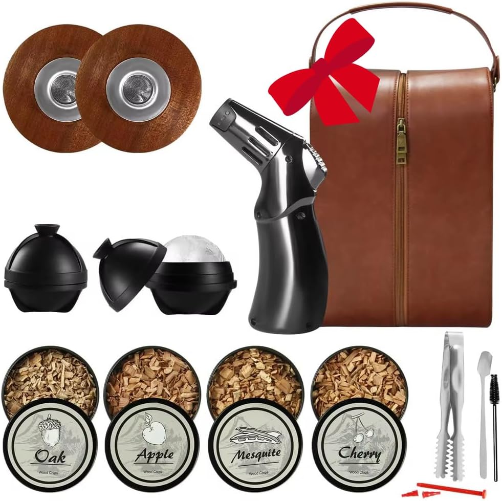 2026 Whiskey Smoker Kit with Dual Smokers - Whiskey Travel Caddy, Torch, 4 Natural Wood Chip Flavors, Cocktail Infuser Kit, Old Fashioned Smoker Kit, Whiskey Accesories, Gift for Men (No Butane)