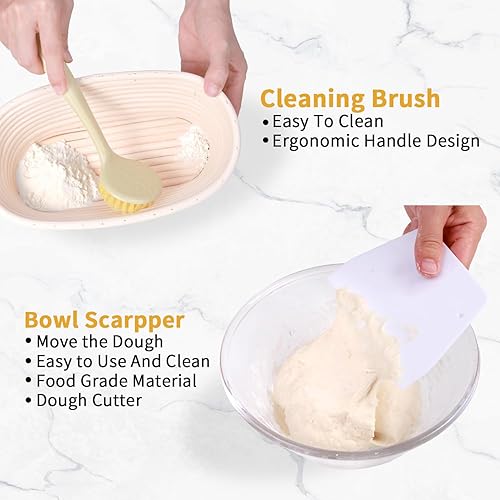 Miniatura 4 de Banneton - Juego de 2 cestas a prueba de pan, suministros para hornear pan ovalado de masa madre de 10 pulgadas, kit de inicio para hacer pan,