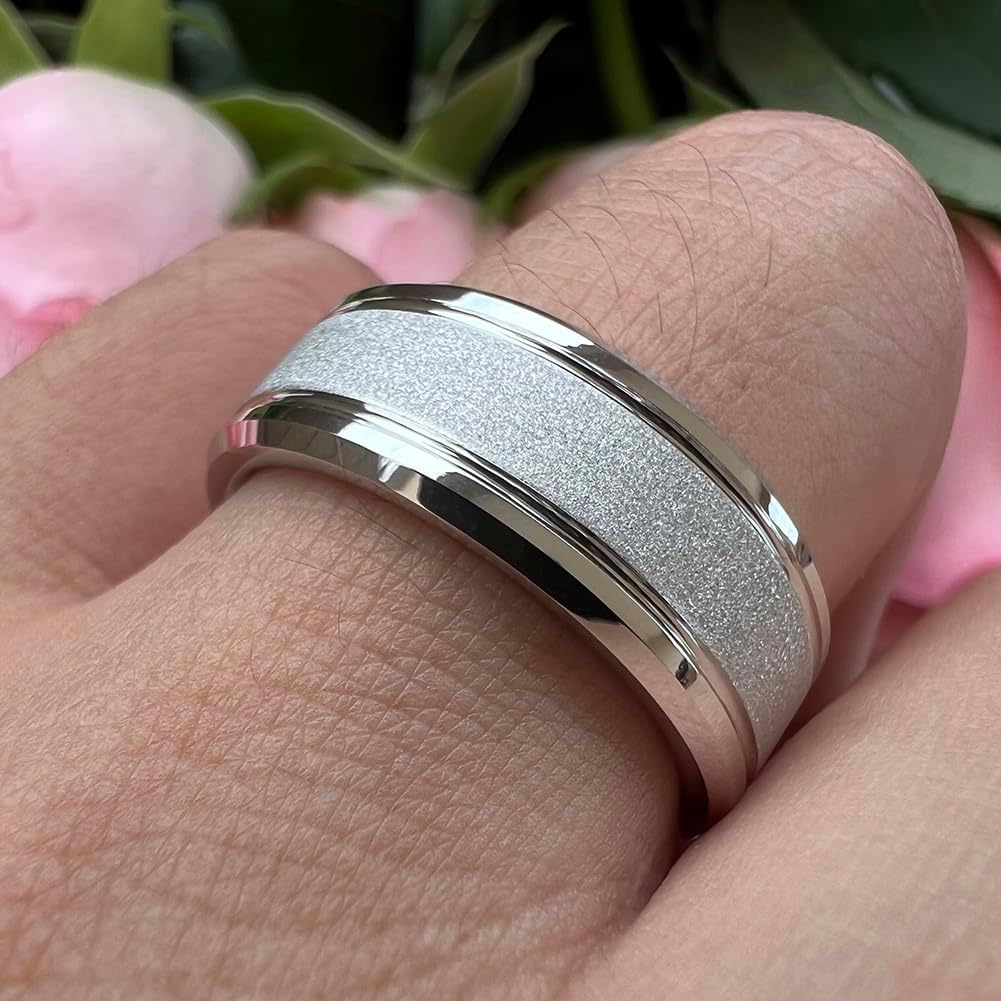 TUTISS 8mm Black/White/Gold Tungsten Rings for Men Women Promise Engagement Wedding Bands Sandblasted Finish Beveled Edges Comfort Fit