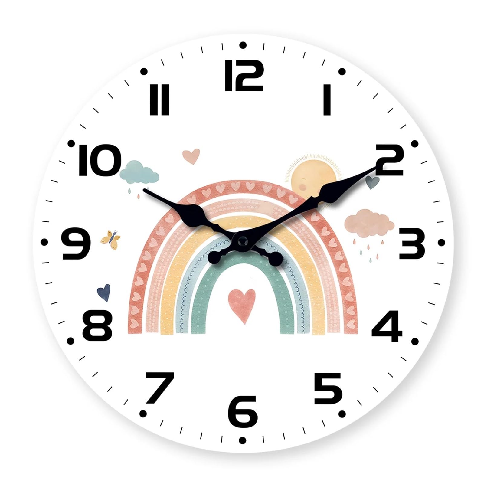 BDFJEDS Wall Clock Cartoon Sun Rainbow Wooden Wall Clock Living Room Bedroom Kitchen Home Decoration Silent Quartz (Without Batteries)(10Inch)