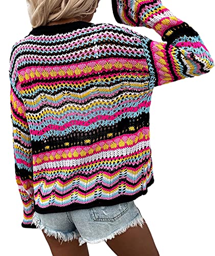 Image of xxxiticat Women's Rainbow Knitted Cardigan Sweater Long Sleeve Multicolor Striped Sweater Jumpers Open Front Jacket