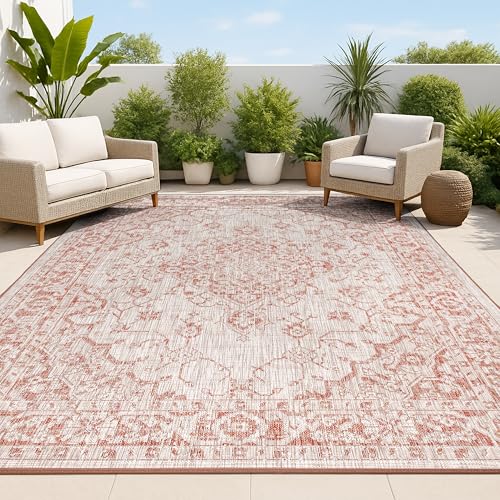 JONATHAN Y Boho Medallion Indoor Outdoor Area Rug 5X8 Red/Taupe, Rozetta Textured Weave for Backyard, Patio, Porch, Easy-Cleaning, High Traffic, Pet-Friendly, Non-Shedding (SMB102A-5) by JONATHAN Y - Used condition - US$44.98