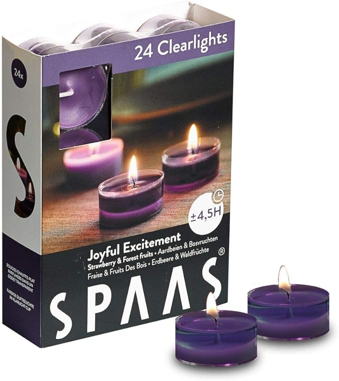Spaas 24 Duftenden Clearlights, Teelichter mit durchsichtigem Halter, ± 4,5 Stunden – Joyful Excitement