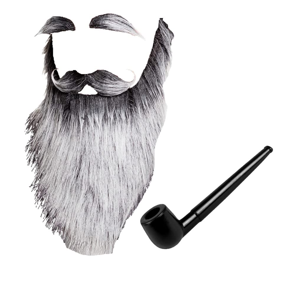 Nc87 Men's Grey Adult Old Man Grandpa Stag Hen Party Fancy Dress Costume Kit Grandad Beard With Eyebrows, Moustache And Fake Smoking Pipe,
