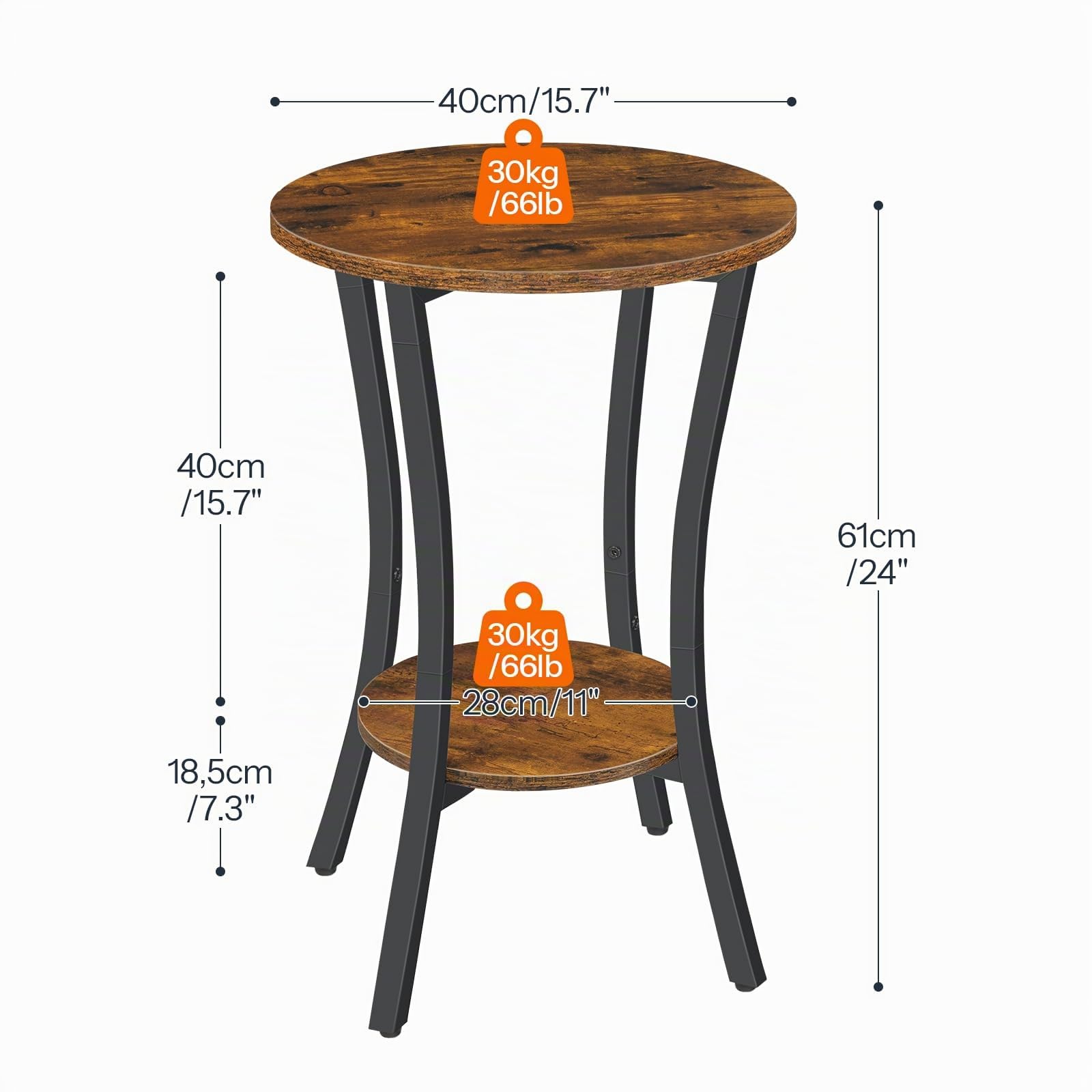 HOOBRO Tavolino Rotondo a 2 Livelli, Tavolino da Salotto e Comodino, per Piccolo Spazio, Soggiorno, Camera da Letto, Ingresso, Marrone Vintage e Nero EBF180BZ01G1
