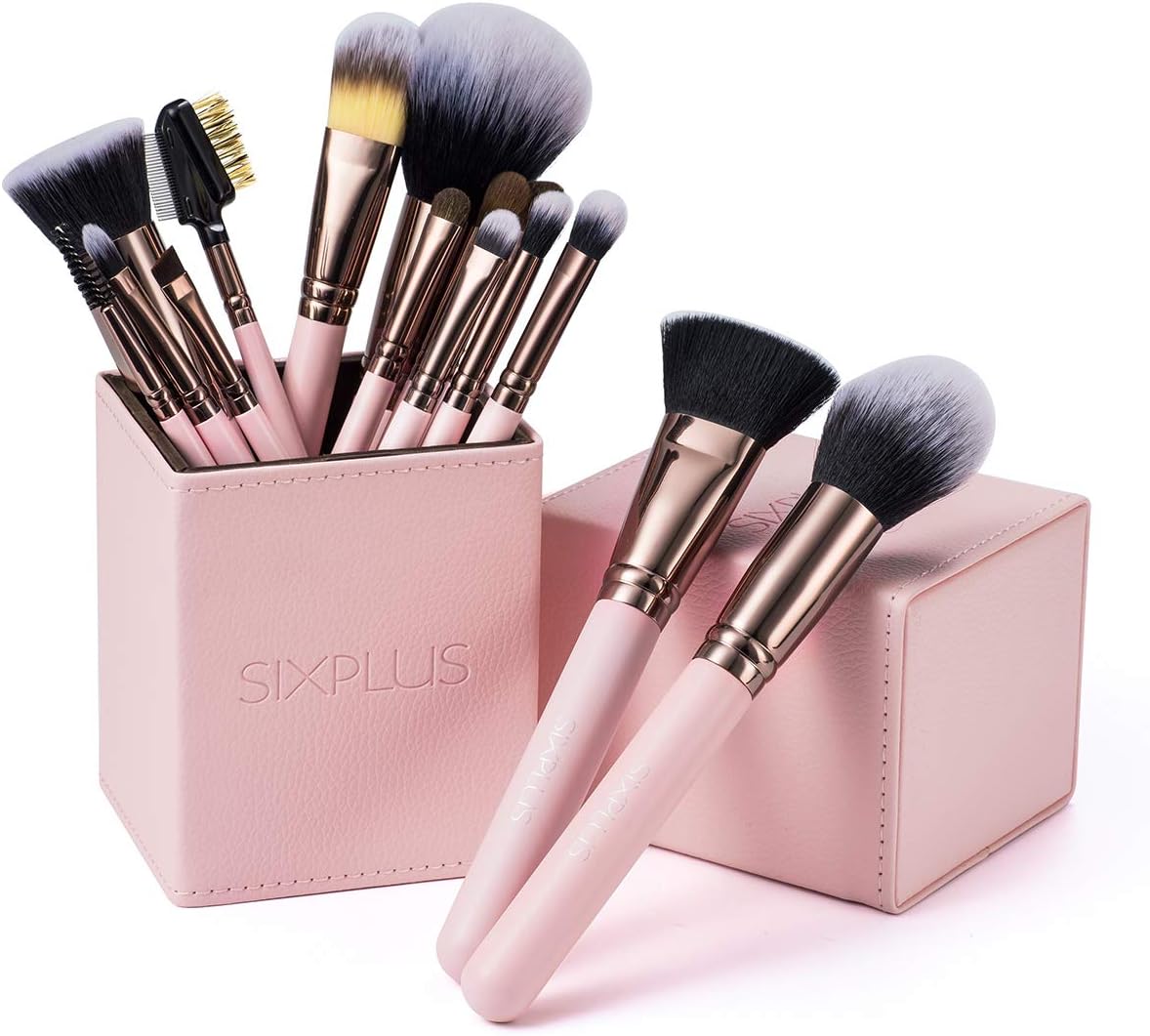 SIXPLUS 15Pcs Pink Makeup Brush Set with Makeup Holder (Pink)