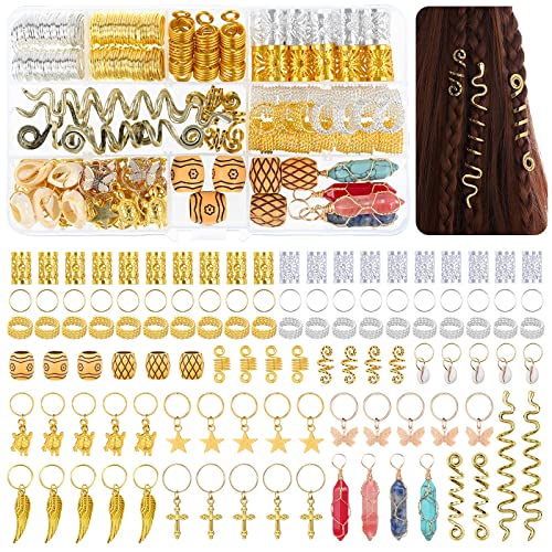 210 Pcs Dreadlocks Jewelry,Crystal Wire Wrapped Loc Hair Jewelry for Women Braids Hair Accessories Imitation Wood Beads Gold Metal Hair Rings Hair Cuffs Hair Coils Pendants for Braids Hair Decoration