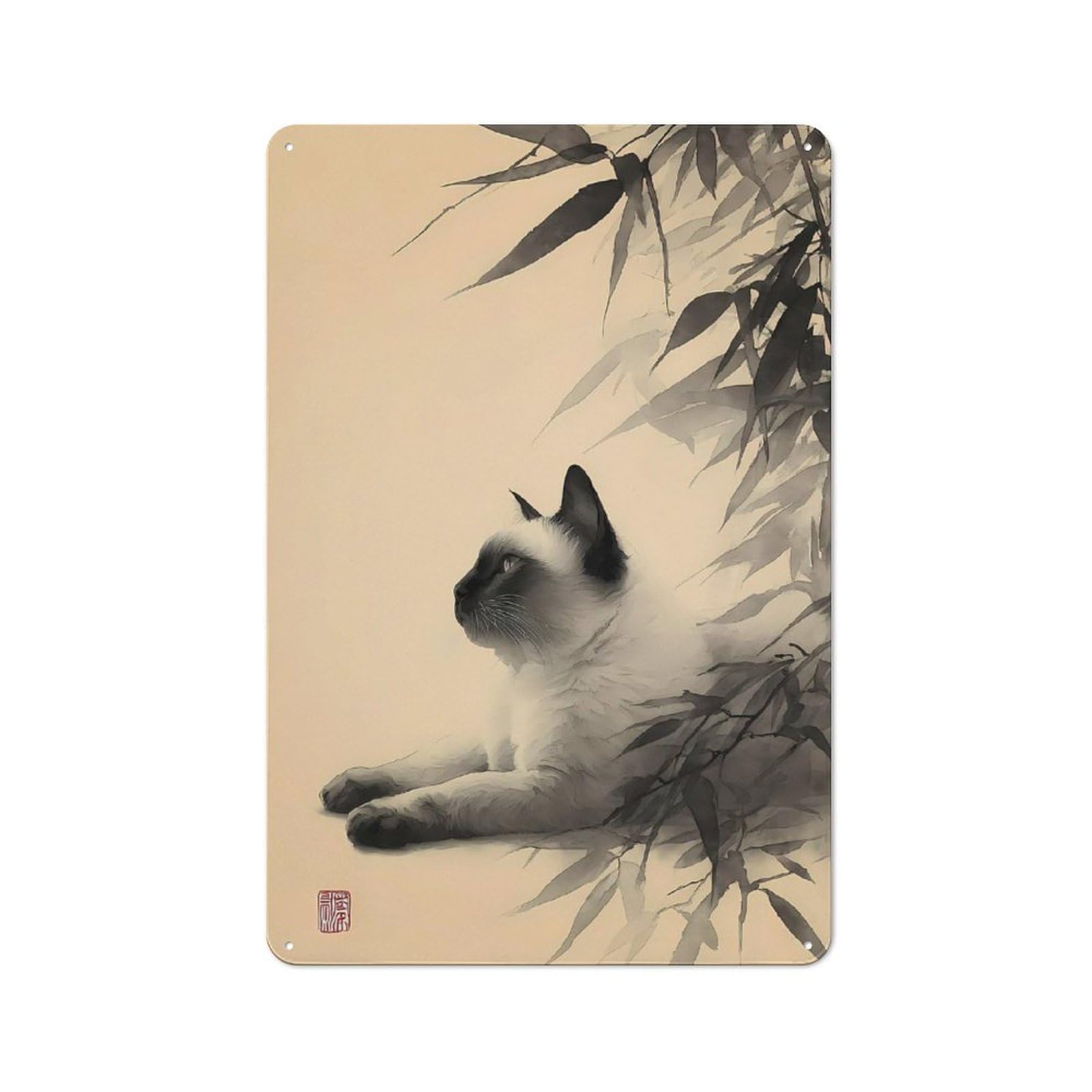 Junmoney Style-2 Siamese Cat With Bamboo Painting Retro Tin Wall Plaque 30X20cm For Hobby Room Or Studio, New Home Wall Decor For Hobby Room Decor Fans