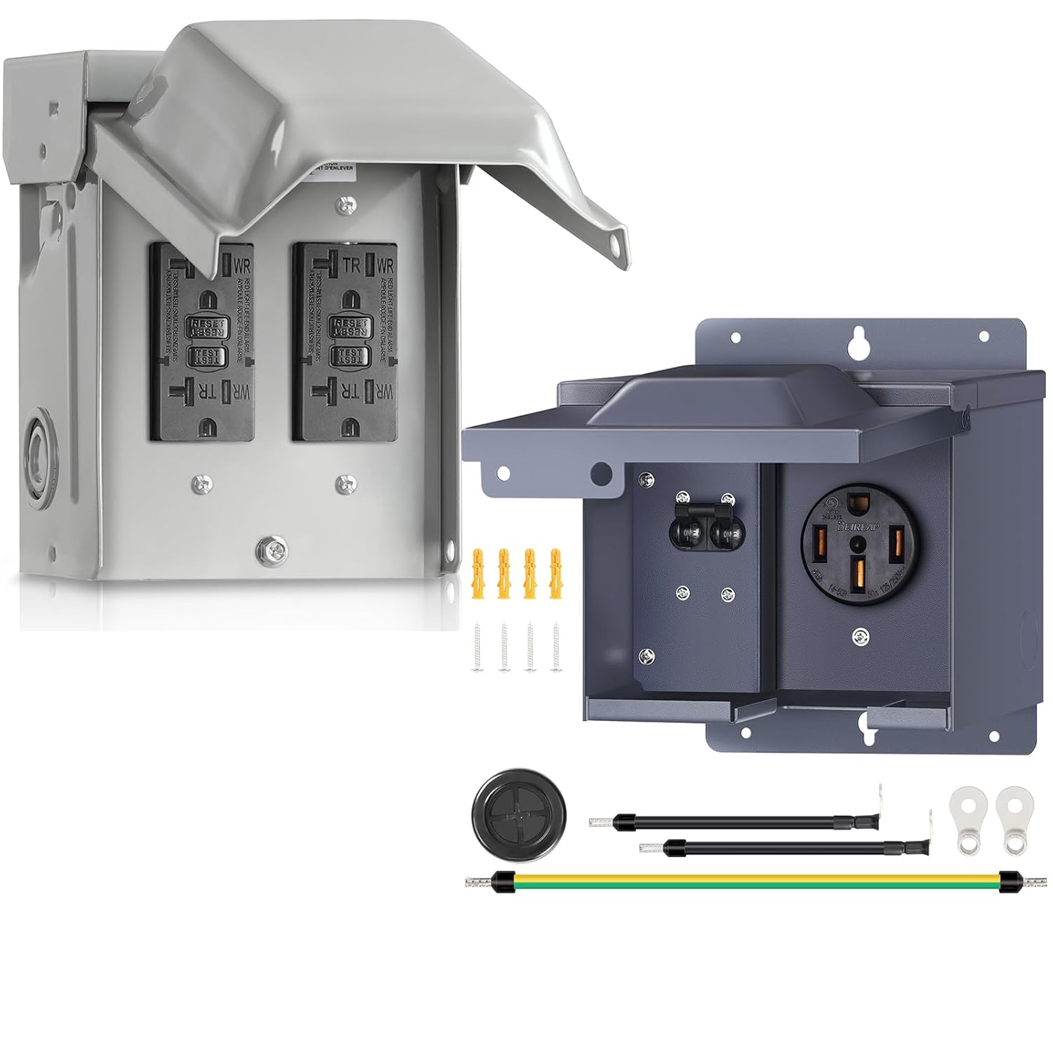 Outdoor Outlet Box and 50 Amp RV Power Outlet Box with Breaker Bundle H04OB06-U61OB06