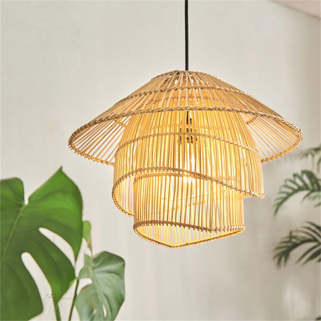 LYMSXAZOU DIY Three-layer Woven Ceiling Light Shade Boho Kitchen Island Entryway Pendant Lighting Bamboo Art Hotel Restaurant Personality Rattan Chandelier Shades