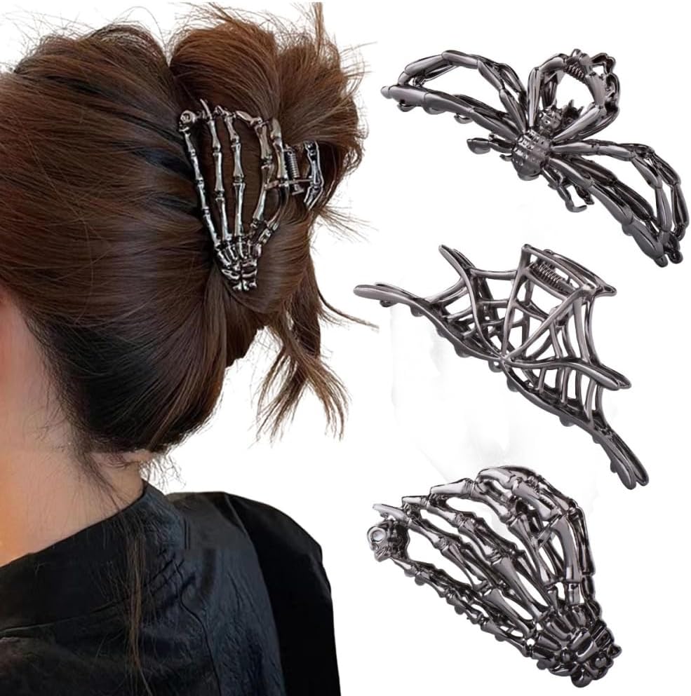 3PCS Black Spider Web Skeleton Hand Skull Hair Claw Clips for Women And Girls, Hiphop Metal Large Medium Size for Thick Thin Hair, Headband Barrette for styling Hair Accessories Party Gift (Black Gun)