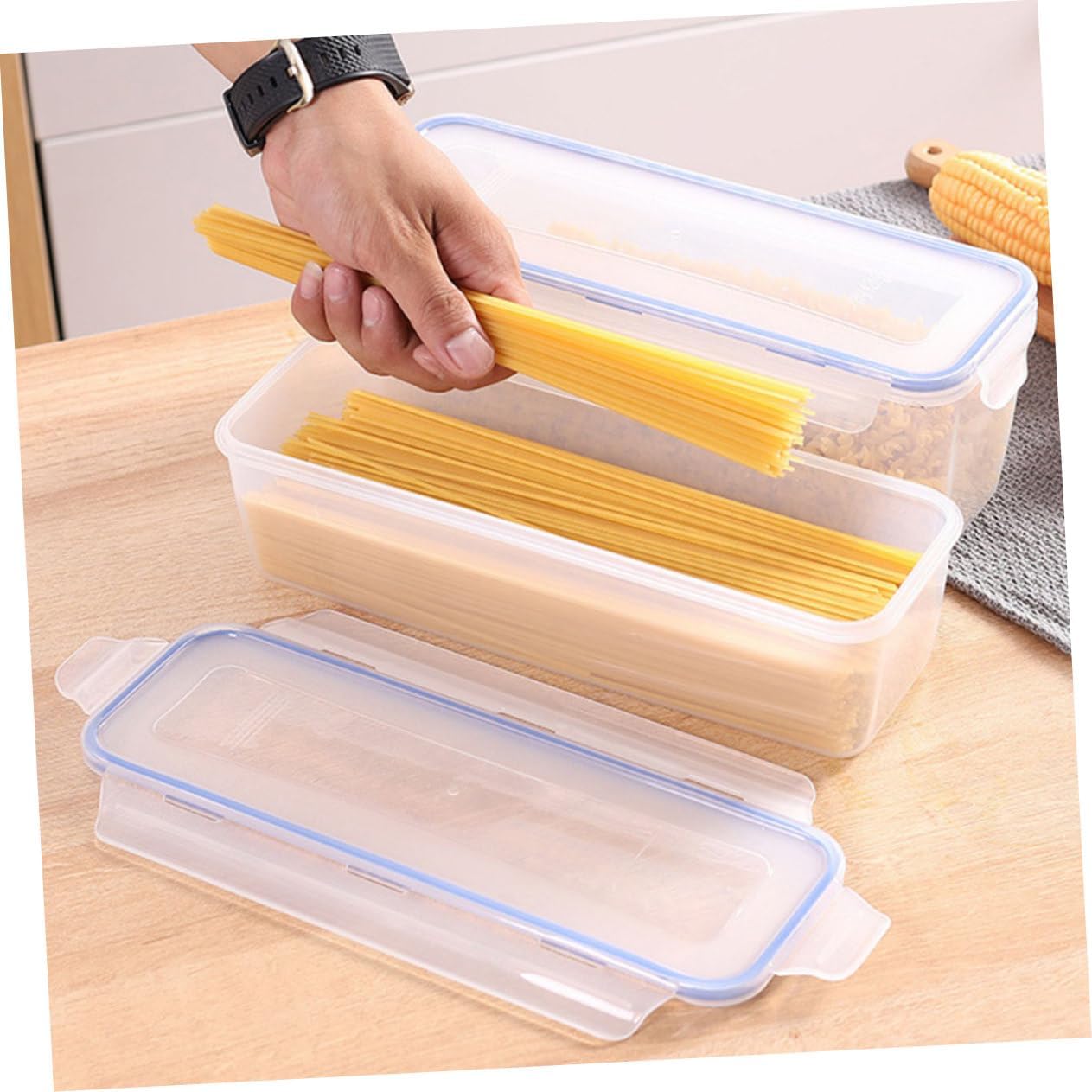 MAGICLULU 2Pcs Sealed Rectangular Food Storage Box for Spaghetti and Noodles Airtight Kitchen Preservation Container Capacity for Organizing Dry Foods Refrigerator
