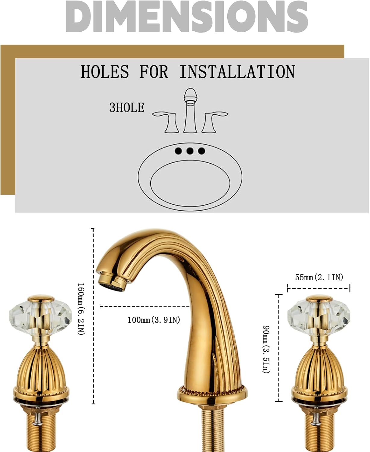 Gold Bathroom Faucet Antique Brass Three Holes Widespread Crystal Handle Bathroom Sink Faucets Retro Vintage Lavatory Vanity Faucet - Image 4