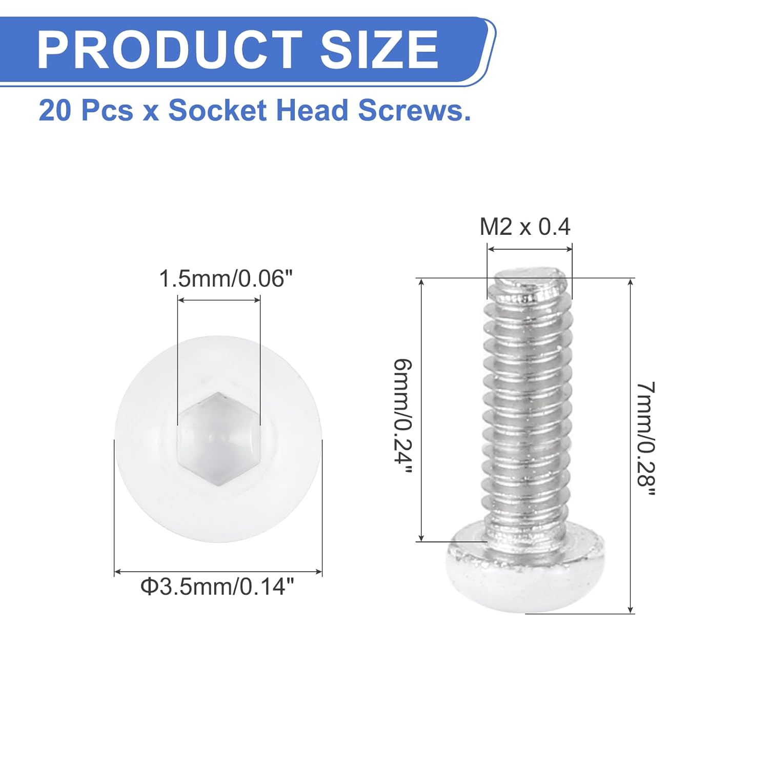 MECCANIXITY 20 Pcs M2-0.4 x 6mm Button Head Hex Socket Head Screws, 304 Stainless Steel Bolts Full Thread Bright Finish Furniture Machine Screws for Furniture Electrical Appliances, White