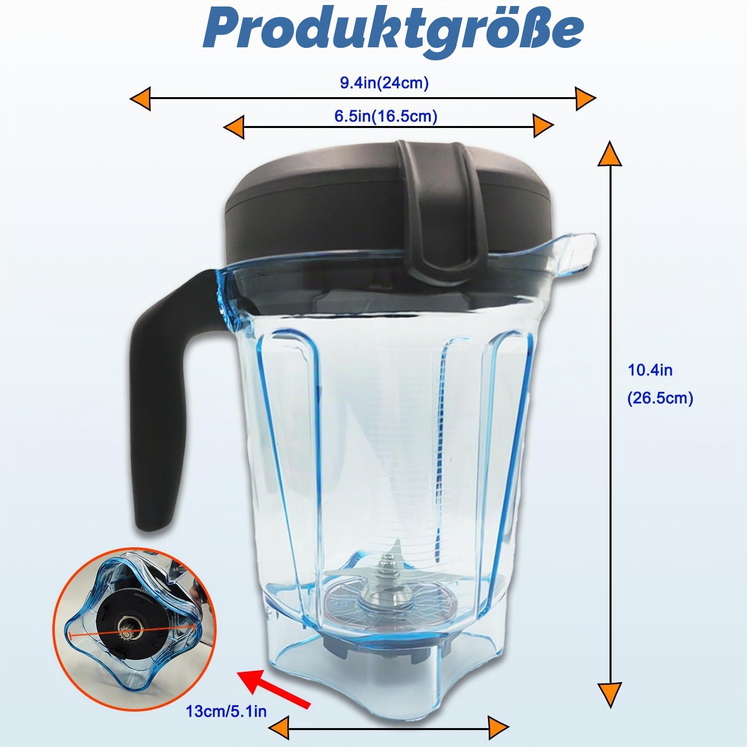 Verbesserter Vitamix-Krug mit 1,8 l niedrigem Profil, kompatibel mit Vitamix Mixbecher 750, 7500, 5200, 5000, 6300, A3500, vm0102, vm0103, vm0197, E310, mit 2 Reinigungsbürsten