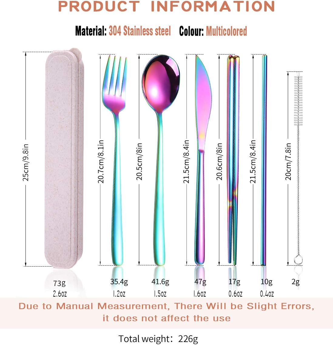 AARAINBOW 6 Pieces 18/8 Stainless Steel Flatware Set Portable Reusable Cutlery Set Travel Utensils Set Including Chopsticks Knife Fork Spoon Straws Cleaning Brush Dishwasher Safe (Multicolored) image 2