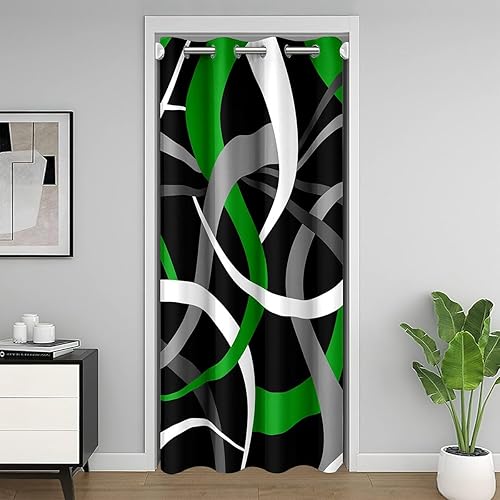 jejeloiu Kids Green Black Door Curtain for Doorway Privacy 42"x80" Geometry Closet Door Cover Curtain for Bedroom Decor Geometric Strip Lines Room