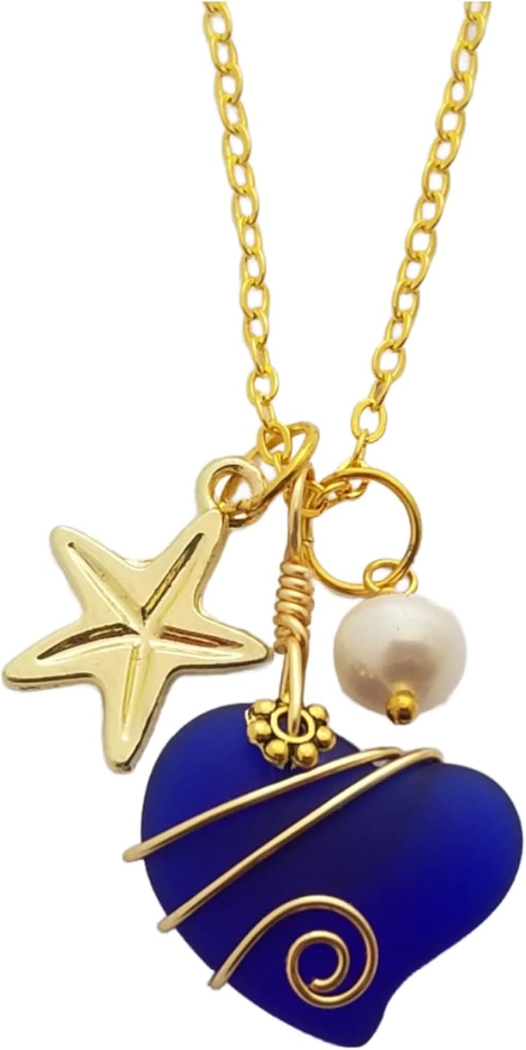 Handmade Sea Glass Necklace, Hawaiian Jewelry For Women, Gold Wire Heart Necklace, Unique Sea Glass Jewelry Gift For Women (Cobalt - September)