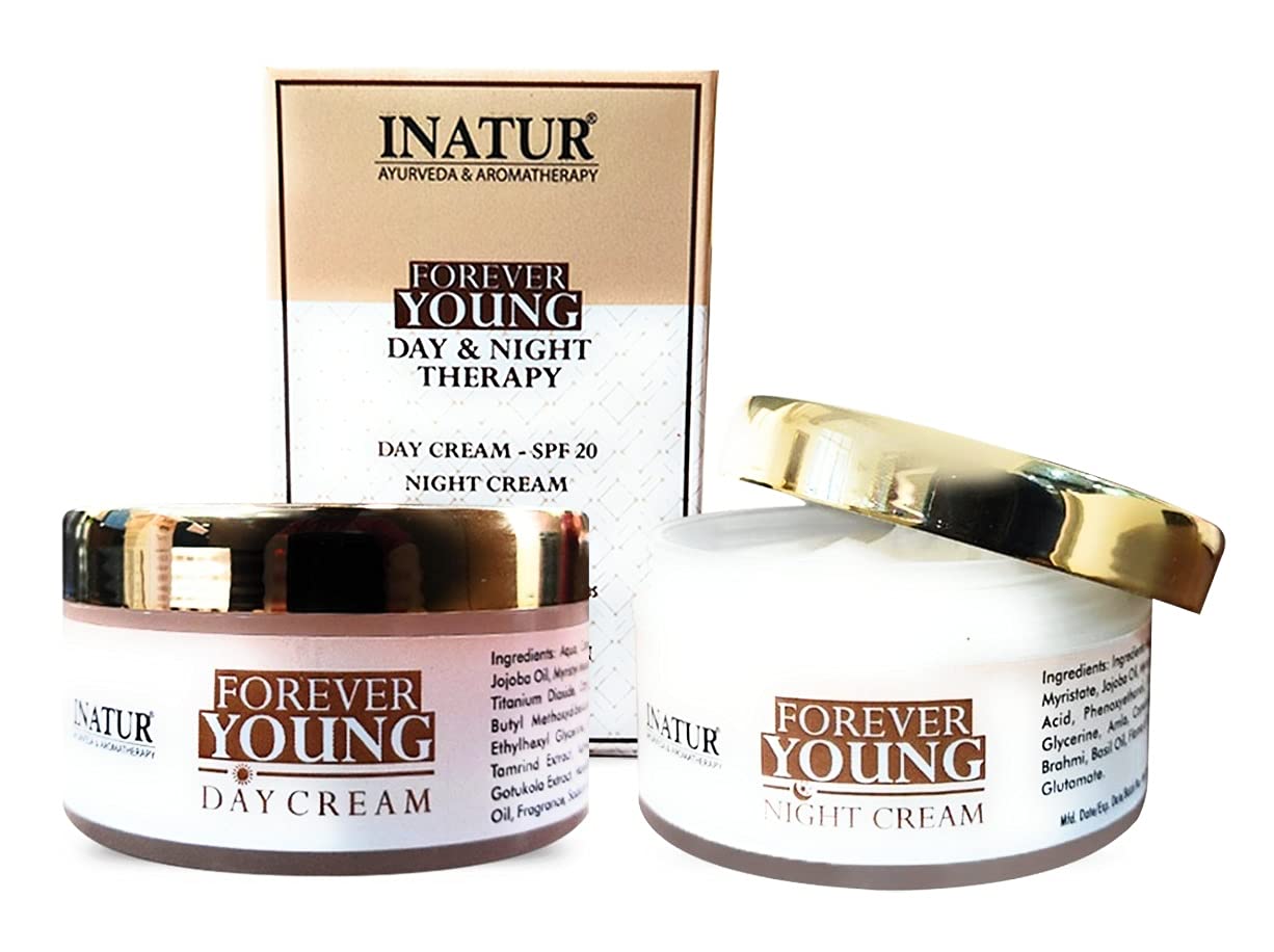 INATURForever Young, Anti-Ageing Therapy contains Day Cream with SPF-10 & Night Cream | Each | Ideal for mature skin| Hydrates and Nourishes skin | For All Skin Types |Glow and Radiant Skin | 50g