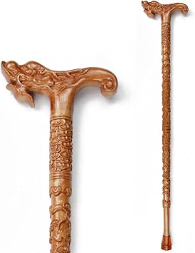Unique Handmade Natural Wooden Walking Cane for Men And Women -Dragon Head- Carved Wood Cane Fancy Walking Stick with Rubber Tip