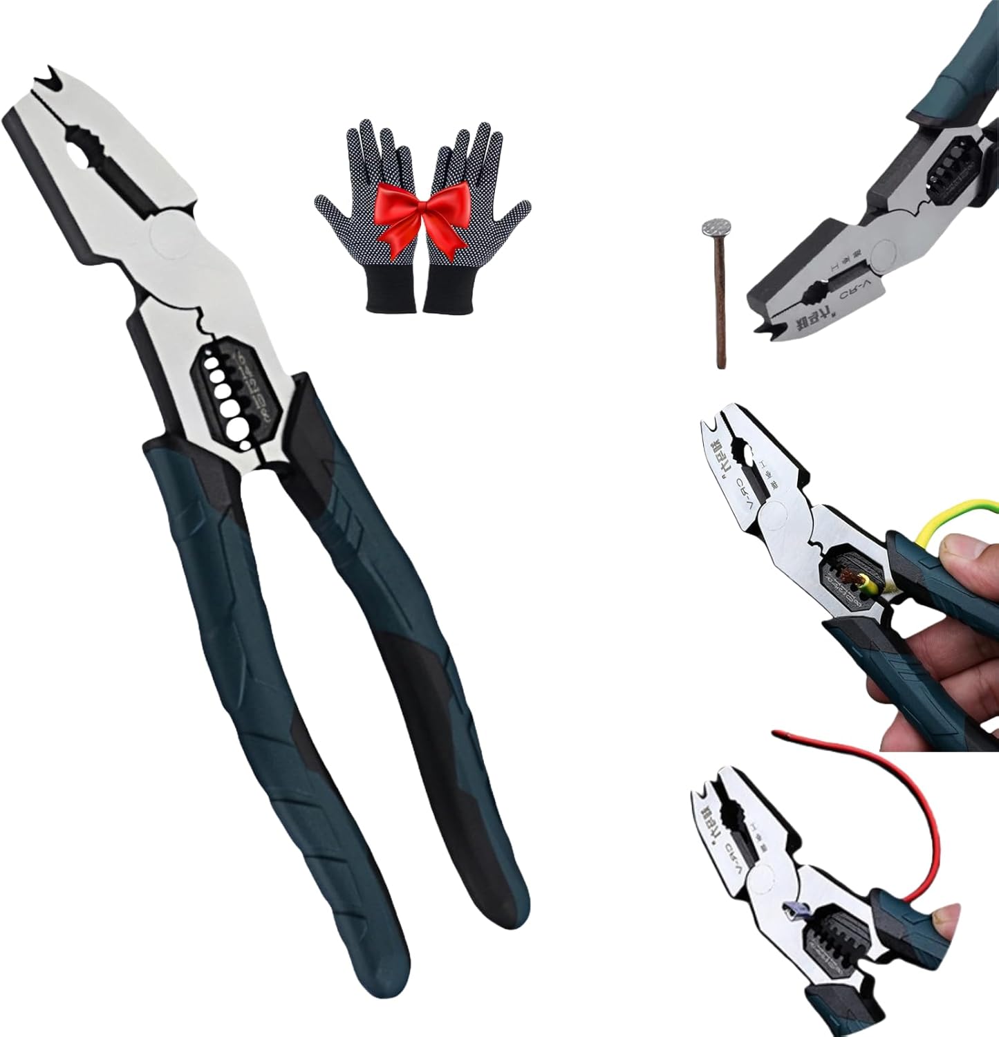 Nail Puller pliers, 9" Grade Multi-function Cutting Pliers, wire stripper tool, Crimper Bent-Head Design for Effortless Home Repair & Electrical Work