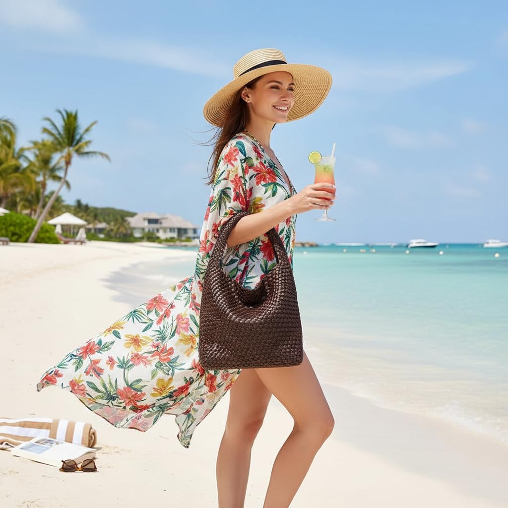 Woven Tote Bag for Women: Handmade Vegan Leather Purse for Vacation - Lightweight & Magnetic Closure for Daily Use