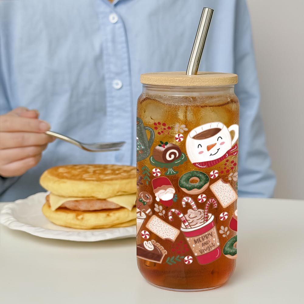 Cute Winter Coffee Glasses Cups Gifts for Women,Friends,Sister,Daughter,Kids,Neice,Glasses Tumbler Mugs Gifts for Birthday,Christmas,Thanksgiving,Glass Coffee Cups with Lid and Straw-86 - Image 6
