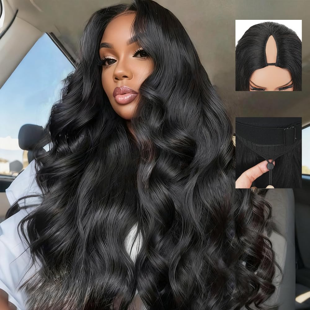 V Part Wig Human Hair Body Wave Upgrade U Part Human Hair Wigs With Adjustable Drawstring 250% Density Glueless No Leave Out V Shape Wigs Full Head Clip In Half Wig For Women (Natural Black, 28 Inch)