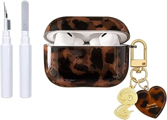 inewateri Compatible for AirPods 3 Case with Cleaner Kit Cute Black Brown Leopard Cool Amber Tortoise Aesthetics Design Shockproof Love Keychain Cover for Girls Woman for Airpods 3-Black