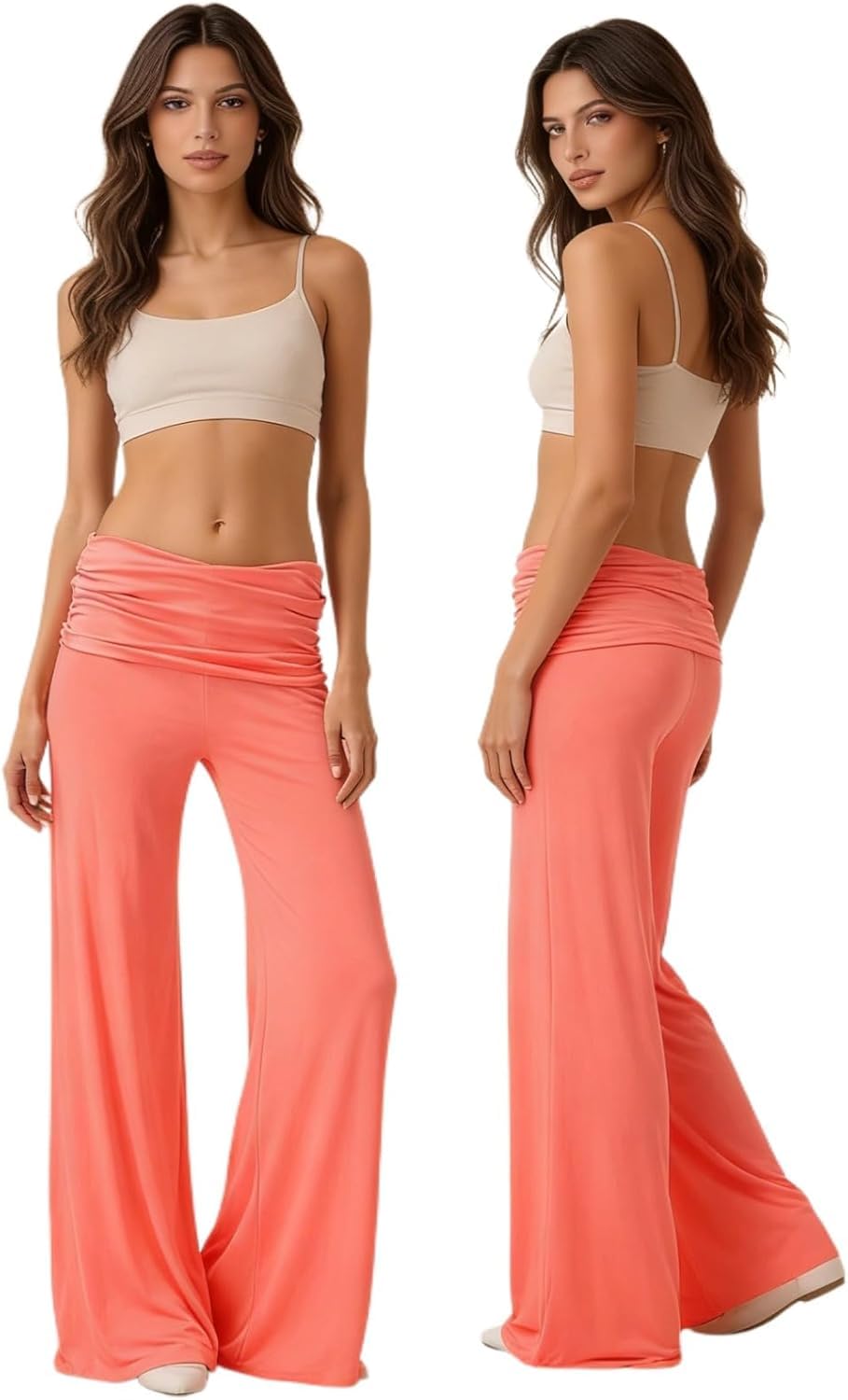 Coral Fold Over Yoga Pants Damen, Weite Lounge Hose Mit Raffung, Loose Fit Uni Corals Pants 2026 Coral Fold-Over-Yogahose, Korallfarbene Faltenhose, Weite Palazzo Hose Mit Hohem Umschlagbund