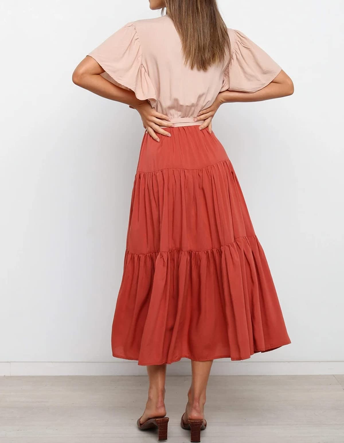 R.Vivimos Summer Dress for Women Cotton Ruffle Short Sleeves V Neck Casual Flowy Midi Dress with Belt