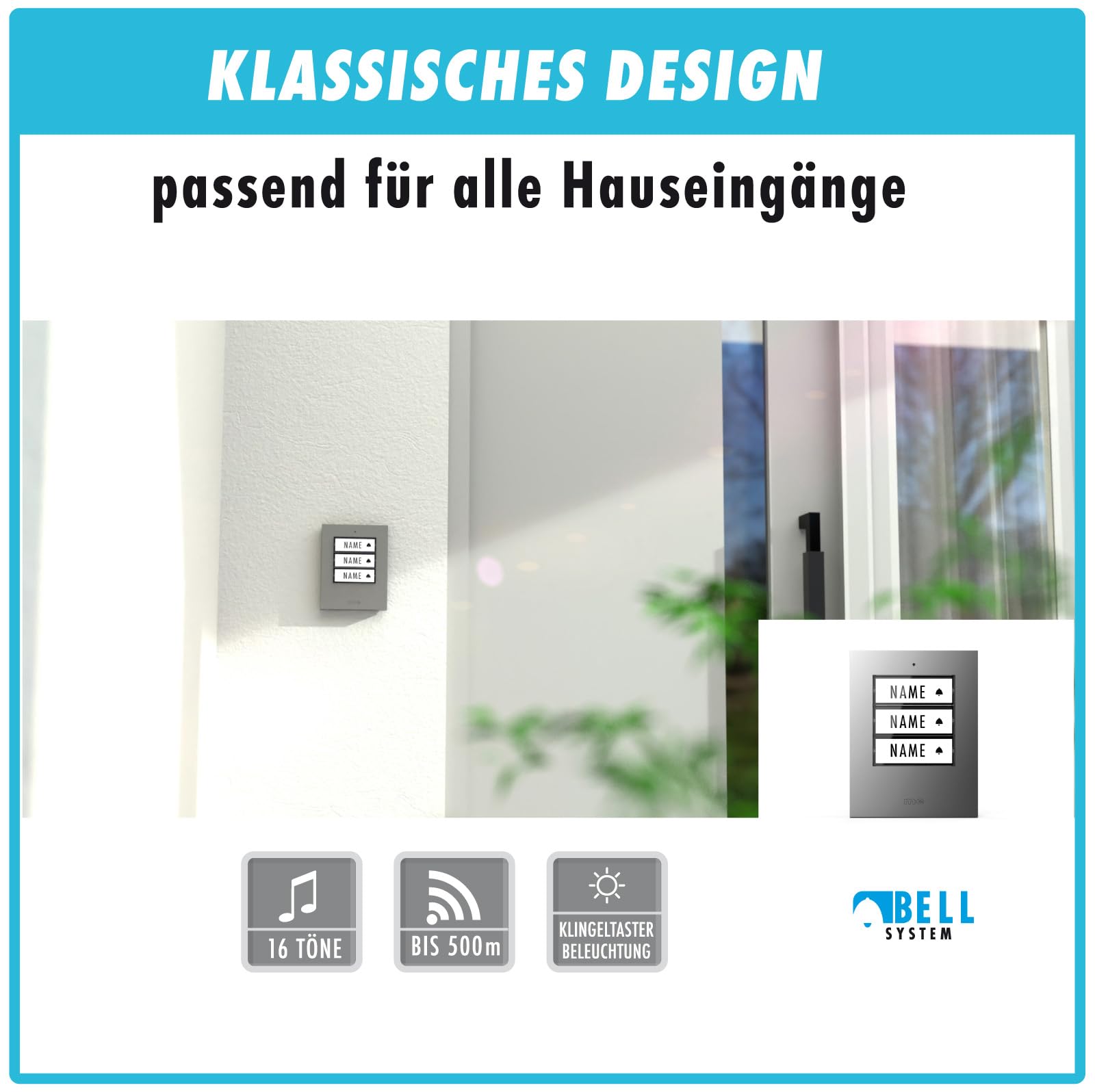 m-e modern-electronics 100168 Funkklingel Komplett-Set beleuchtet, klangaktiv, mit Bewegungsmelder, mit Namensschild (100168)