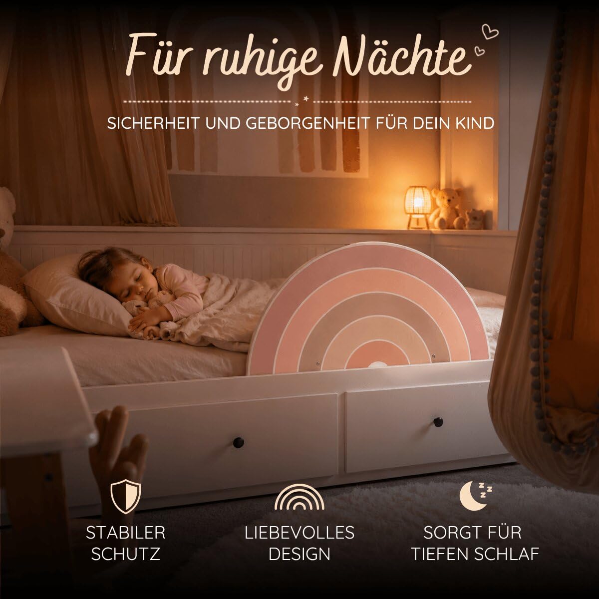 Rausfallschutz Bett aus Holz in süßem Design für Kinder - Bettgitter Rausfallschutz Ruby fürs Kinderzimmer, Bettschutzgitter Kinderbett, Hausbett bis 200cm geeignet, schön, stabil + sicher