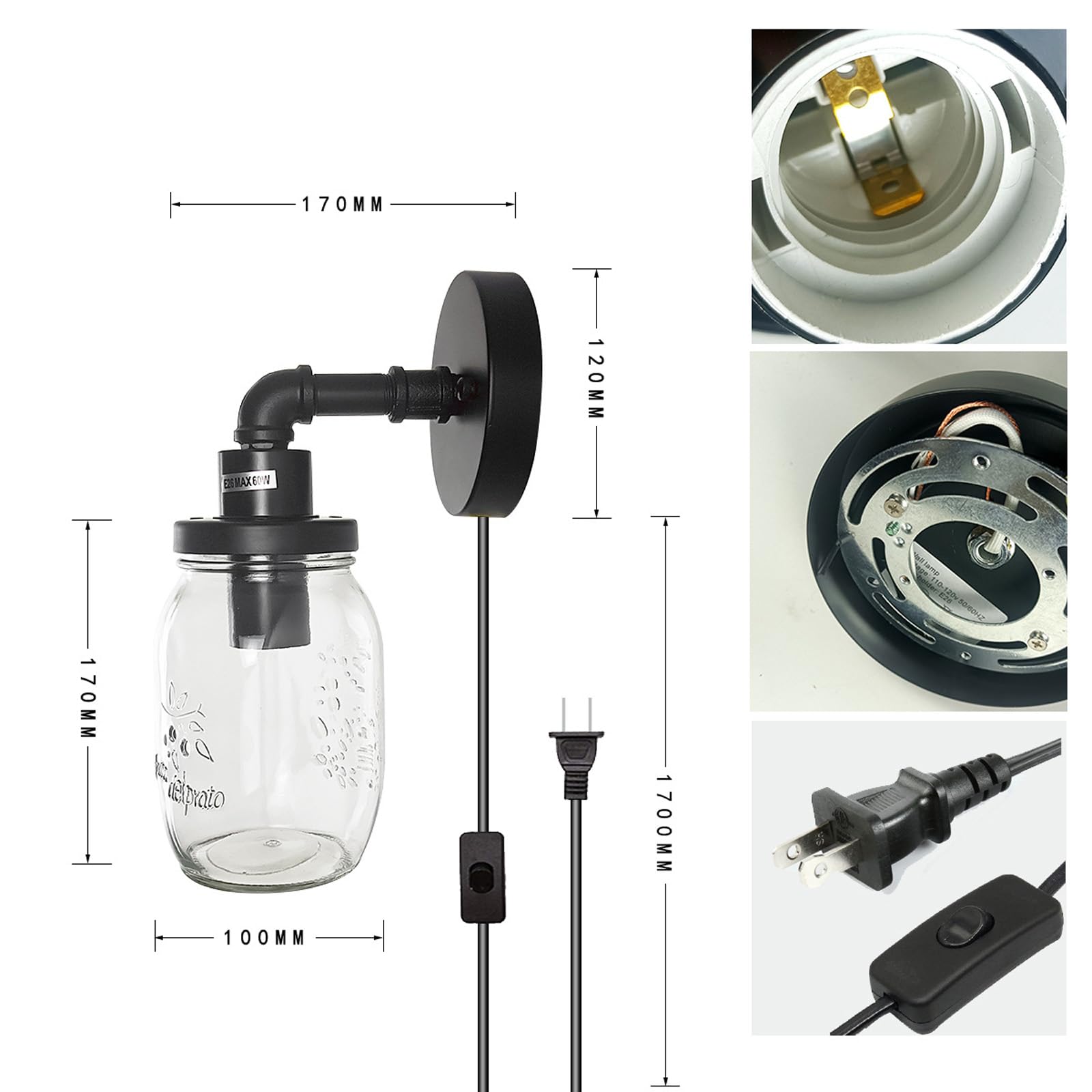 Vintage E27 Innen Wandlampe mit Stecker und Schalter Wandleuchte mit Kabel Steckdose Wandbeleuchtung Industrial Retro Wandleuchten Eisen Glas für Wohnzimmer Schlafzimmer Loft (2 Stück)