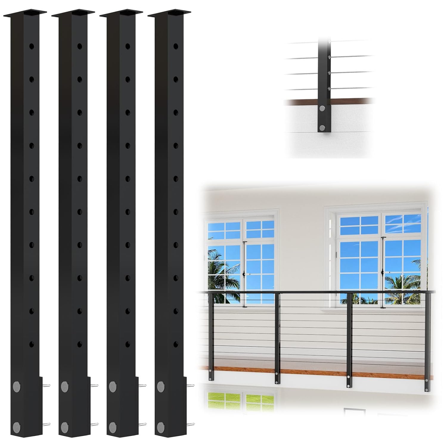 36" Side Mount Cable Railing Post 4Pack Black Level Drilled Square Post with Fixed Top T304 Stainless Steel 36"x2"x2" Cable Railing System for Indoor Outdoor Balcony HP11