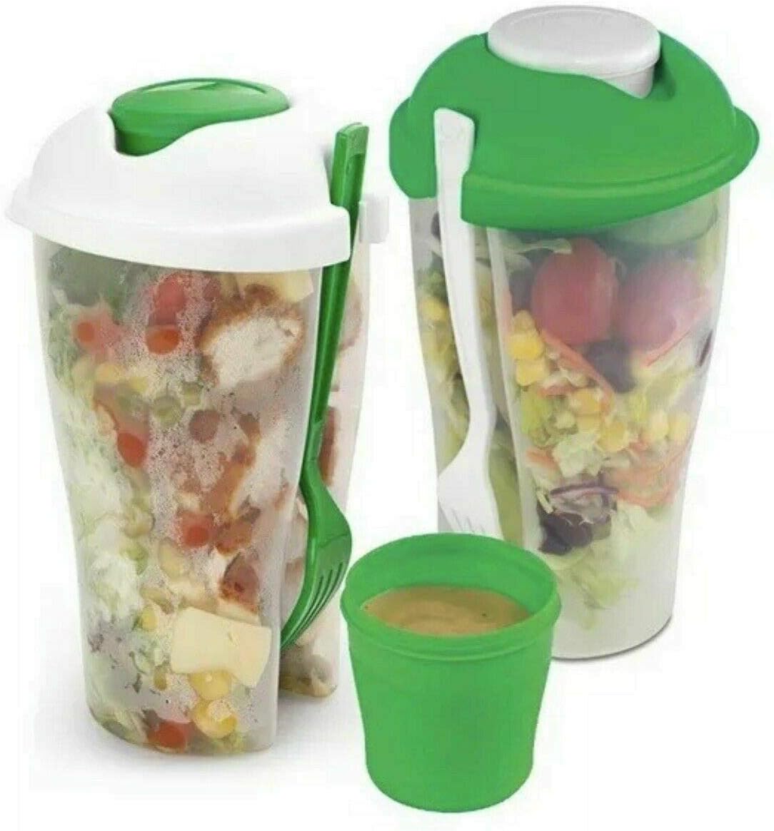 True Face Set of 2 Salad Box Food Container Bowl with Fork Lunch Picnic Storage Dressing Jar Set