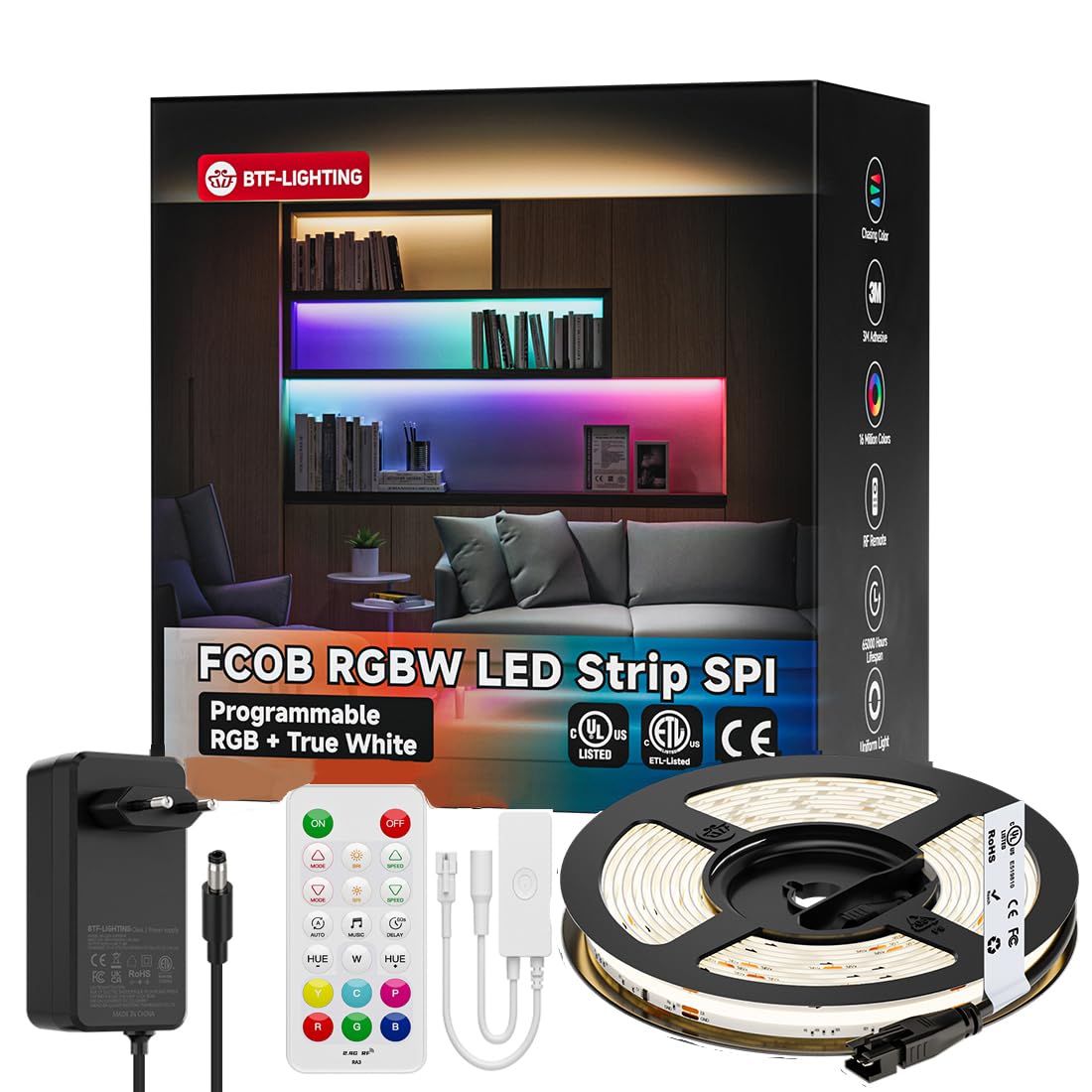 BTF-LIGHTING FCOB - Striscia LED COB RGBW IC, 24 V, 5 m, 784 LED/m, set | Adrizzabile RGB + bianco naturale 4000 K, cambio di colore, ad alta densità, flessibile, con controller SP649E e alimentatore