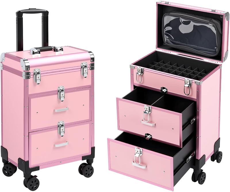 Maleta de maquiagem com rodinhas BEAUTY CASE 3 em 1, bolsa transparente removível, organizador para esmaltes e gavetas, rosa